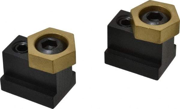 Mitee-Bite - 1" Brass Hex, 11/16" T-Slot, 1/2-13 Stud Thread, Symmetrical Hex Clamp - 3/8" Hex Height, 3,000 Lb Holding Force, 1" Long Thread, 45 Ft/Lb Torque, 2 Clamps - Makers Industrial Supply