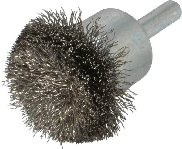 Weiler - 1-1/2" Brush Diam, Crimped, Flared End Brush - 1/4" Diam Shank, 20,000 Max RPM - Makers Industrial Supply