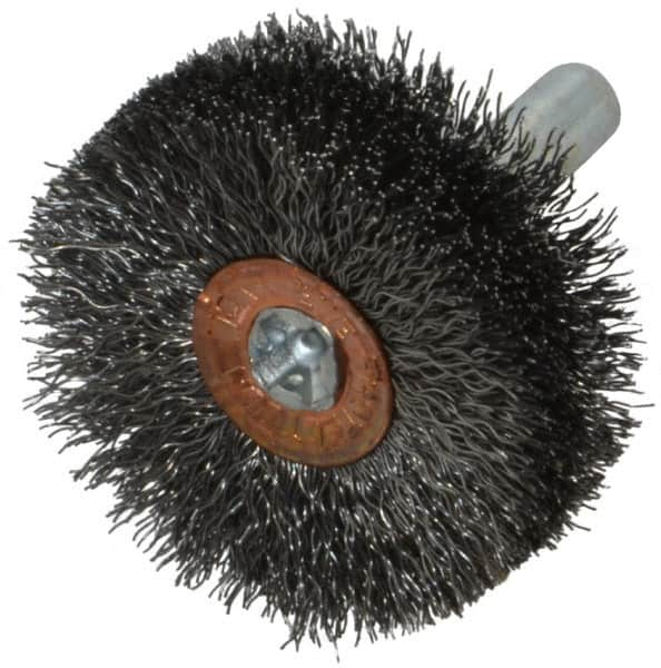 Weiler - 1-1/2" OD, 1/4" Shank Diam, Crimped Steel Wheel Brush - 1/2" Face Width, 1/2" Trim Length, 0.008" Filament Diam, 20,000 RPM - Makers Industrial Supply