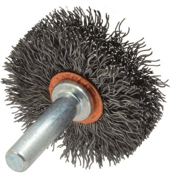 Weiler - 1-1/2" OD, 1/4" Shank Diam, Crimped Steel Wheel Brush - 1/2" Face Width, 1/2" Trim Length, 0.0118" Filament Diam, 20,000 RPM - Makers Industrial Supply