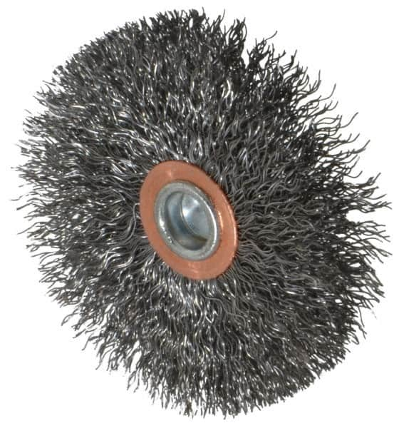 Weiler - 3" OD, 1/4" Shank Diam, Crimped Steel Wheel Brush - 1/2" Face Width, 1" Trim Length, 0.0118" Filament Diam, 20,000 RPM - Makers Industrial Supply