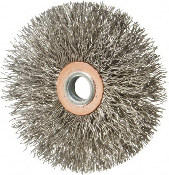 Weiler - 3" OD, 1/4" Shank Diam, Crimped Stainless Steel Wheel Brush - 1/2" Face Width, 1" Trim Length, 0.014" Filament Diam, 20,000 RPM - Makers Industrial Supply