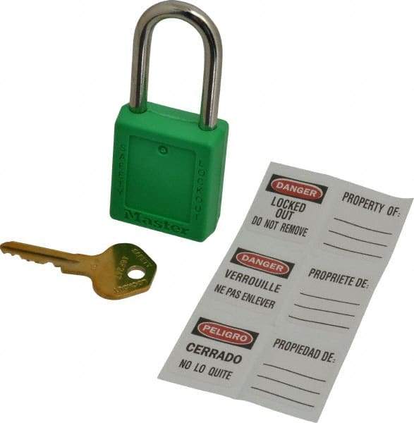 Master Lock - Keyed Different Nonconductive Lockout Padlock - 1-1/2" Shackle Clearance, 1/4" Shackle Diam, 1-3/4" Body Height x 1-1/2" Body Width, Green, 6 Pins - Makers Industrial Supply