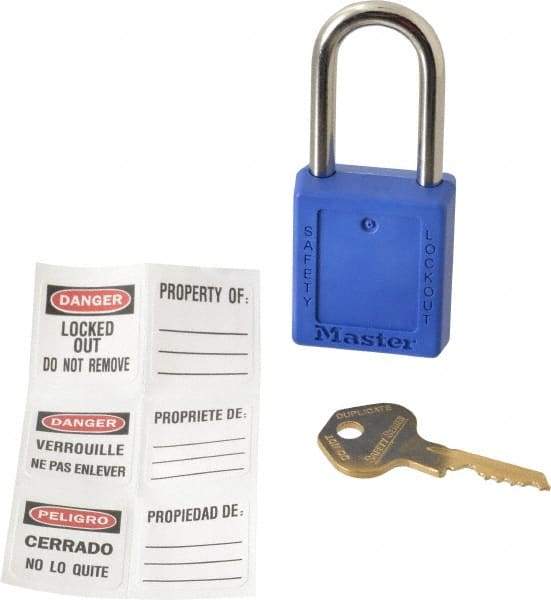 Master Lock - Keyed Alike Conductive Lockout Padlock - 1-1/2" Shackle Clearance, 1/4" Shackle Diam, 1-3/4" Body Height x 1-1/2" Body Width, Blue, 6 Pins - Makers Industrial Supply