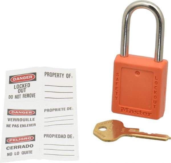 Master Lock - Keyed Different Nonconductive Lockout Padlock - 1-1/2" Shackle Clearance, 1/4" Shackle Diam, 1-3/4" Body Height x 1-1/2" Body Width, Orange, 6 Pins - Makers Industrial Supply