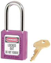 Master Lock - Keyed Alike Conductive Lockout Padlock - 1-1/2" Shackle Clearance, 1/4" Shackle Diam, 1-3/4" Body Height x 1-1/2" Body Width, Purple, 6 Pins - Makers Industrial Supply