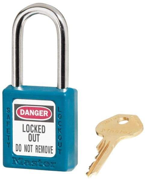 Master Lock - Keyed Different Nonconductive Lockout Padlock - 1-1/2" Shackle Clearance, 1/4" Shackle Diam, 1-3/4" Body Height x 1-1/2" Body Width, Teal, 6 Pins - Makers Industrial Supply