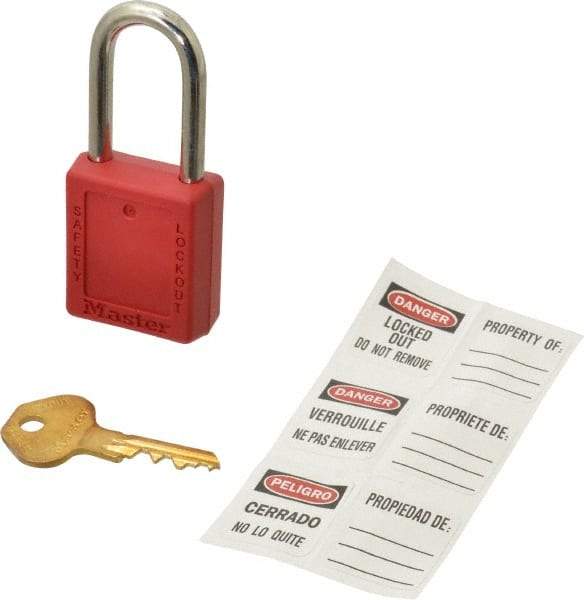 Master Lock - Keyed Alike Nonconductive Lockout Padlock - 1-1/2" Shackle Clearance, 1/4" Shackle Diam, 1-3/4" Body Height x 1-1/2" Body Width, Red, 6 Pins - Makers Industrial Supply