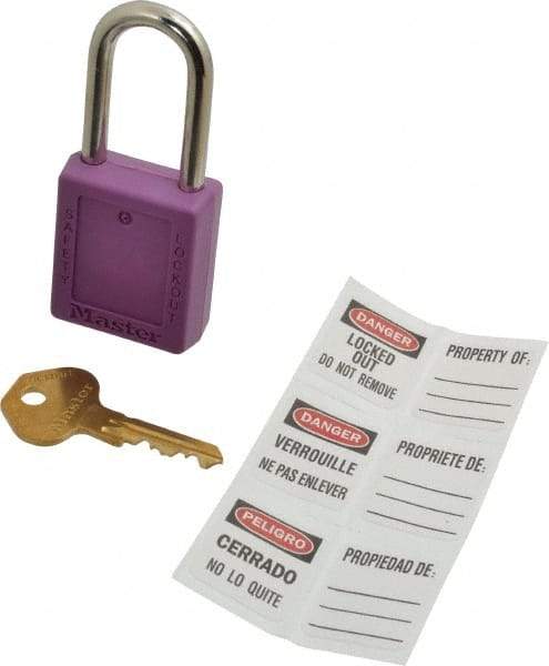 Master Lock - Keyed Alike Nonconductive Lockout Padlock - 1-1/2" Shackle Clearance, 1/4" Shackle Diam, 1-3/4" Body Height x 1-1/2" Body Width, Purple, 6 Pins - Makers Industrial Supply