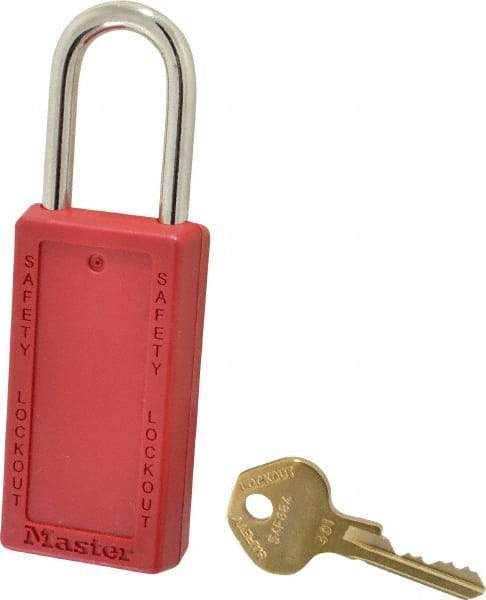 Master Lock - Keyed Different Nonconductive Lockout Padlock - 1-1/2" Shackle Clearance, 1/4" Shackle Diam, 3" Body Height x 1-1/2" Body Width, Red, 6 Pins - Makers Industrial Supply