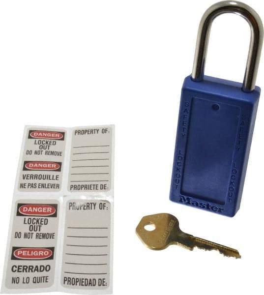 Master Lock - Keyed Different Nonconductive Lockout Padlock - 1-1/2" Shackle Clearance, 1/4" Shackle Diam, 3" Body Height x 1-1/2" Body Width, Blue, 6 Pins - Makers Industrial Supply