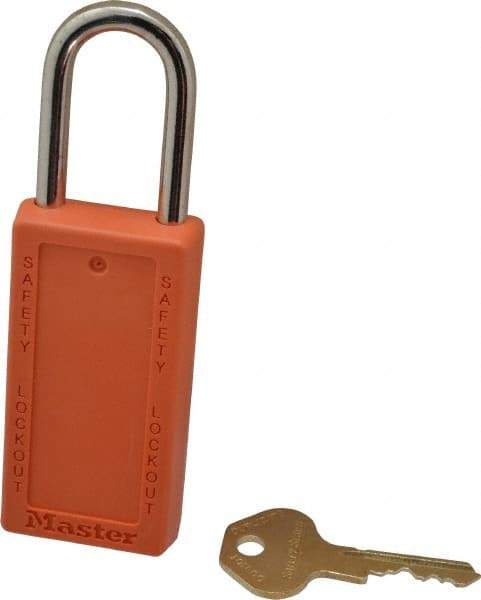 Master Lock - Keyed Different Nonconductive Lockout Padlock - 1-1/2" Shackle Clearance, 1/4" Shackle Diam, 3" Body Height x 1-1/2" Body Width, Orange, 6 Pins - Makers Industrial Supply