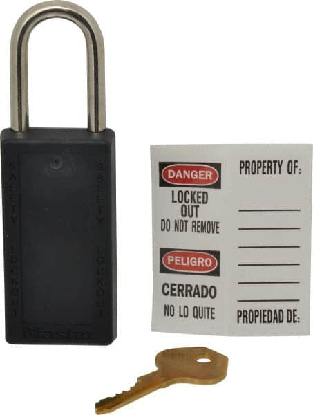 Master Lock - Keyed Different Nonconductive Lockout Padlock - 1-1/2" Shackle Clearance, 1/4" Shackle Diam, 3" Body Height x 1-1/2" Body Width, Black, 6 Pins - Makers Industrial Supply