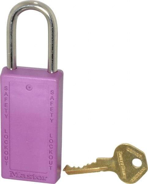 Master Lock - Keyed Different Nonconductive Lockout Padlock - 1-1/2" Shackle Clearance, 1/4" Shackle Diam, 3" Body Height x 1-1/2" Body Width, Purple, 6 Pins - Makers Industrial Supply