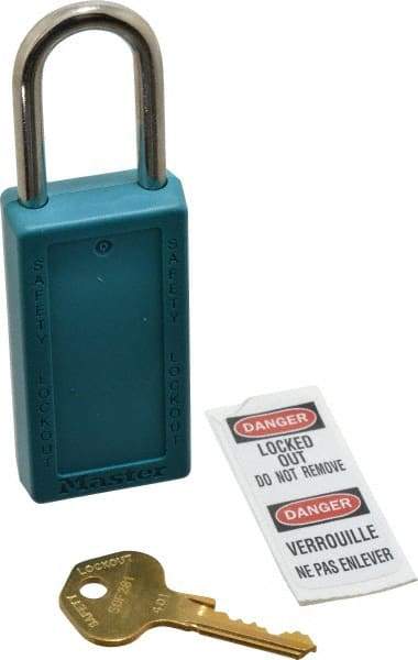 Master Lock - Keyed Different Nonconductive Lockout Padlock - 1-1/2" Shackle Clearance, 1/4" Shackle Diam, 3" Body Height x 1-1/2" Body Width, Teal, 6 Pins - Makers Industrial Supply