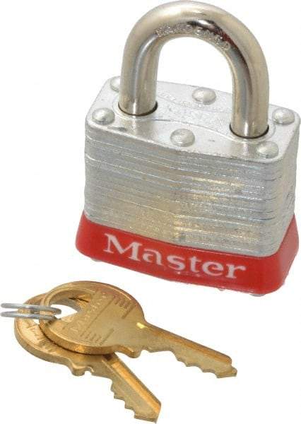 Master Lock - Keyed Different Retaining Key Conductive Lockout Padlock - 3/4" Shackle Clearance, 9/32" Shackle Diam, 3/8" Body Height x 1-9/16" Body Width, Red, 4 Pins - Makers Industrial Supply