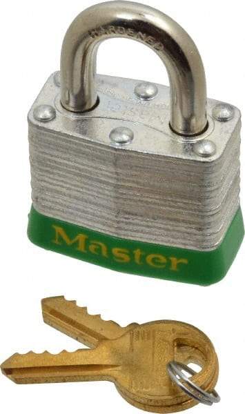 Master Lock - Keyed Different Retaining Key Conductive Lockout Padlock - 3/4" Shackle Clearance, 9/32" Shackle Diam, 1-1/4" Body Height x 1-9/16" Body Width, Green, 4 Pins - Makers Industrial Supply