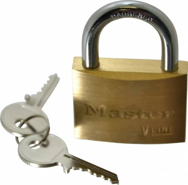 Master Lock - 15/16" Shackle Clearance, Keyed Different Padlock - 9/32" Shackle Diam, Brass - Makers Industrial Supply