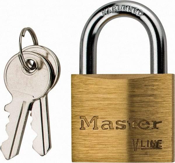 Master Lock - 13/16" Shackle Clearance, Keyed Different Padlock - 1/4" Shackle Diam, Brass - Makers Industrial Supply