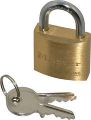 Master Lock - 9/16" Shackle Clearance, Keyed Different Padlock - 3/16" Shackle Diam, Brass - Makers Industrial Supply