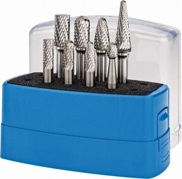 Made in USA - 8 Piece, 1/4" Shank Burr Set - Tungsten Carbide, Multiple Head Shape - Makers Industrial Supply