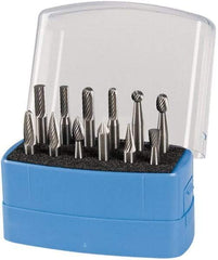 Made in USA - 12 Piece, 1/4" Shank Burr Set - Solid Carbide, Multiple Head Shape - Makers Industrial Supply