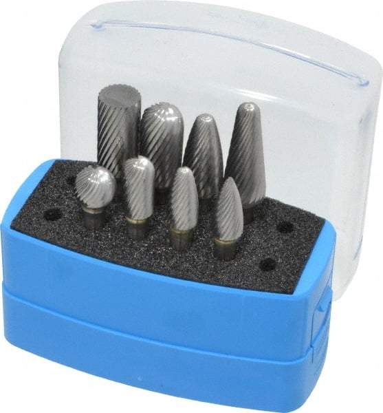 Made in USA - 8 Piece, 1/4" Shank Burr Set - Solid Carbide, Multiple Head Shapes, 14° Included Angle - Makers Industrial Supply