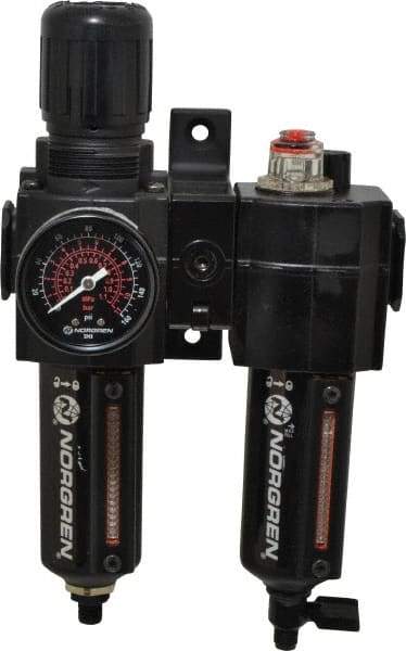 Norgren - 3/8" NPT Port Intermediate 2 Piece Filter/Regulator-Lubricator FRL Unit - Metal Bowl, 60 SCFM, 250 Max psi, 9.95" High x 5.91" Long, Automatic Drain - Makers Industrial Supply