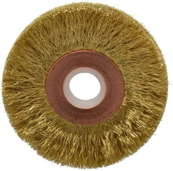 Anderson - 2" OD, 1/2" Arbor Hole, Crimped Brass Wheel Brush - 1/4" Face Width, 1/2" Trim Length, 0.005" Filament Diam, 20,000 RPM - Makers Industrial Supply