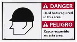 NMC - "Danger - Hard Hats Required in This Area", 10" Long x 18" Wide, Pressure-Sensitive Vinyl Safety Sign - Rectangle, 0.004" Thick, Use for Accident Prevention - Makers Industrial Supply