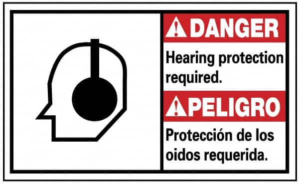 NMC - "Danger - Hearing Protection Required", 10" Long x 18" Wide, Pressure-Sensitive Vinyl Safety Sign - Rectangle, 0.004" Thick, Use for Security & Admittance - Makers Industrial Supply