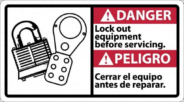 NMC - "Danger - Lock Out Equipment Before Servicing", 10" Long x 18" Wide, Pressure-Sensitive Vinyl Safety Sign - Rectangle, 0.004" Thick, Use for Security & Admittance - Makers Industrial Supply