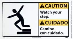 NMC - "Caution - Watch Your Step", 10" Long x 18" Wide, Pressure-Sensitive Vinyl Safety Sign - Rectangle, 0.004" Thick, Use for Accident Prevention - Makers Industrial Supply