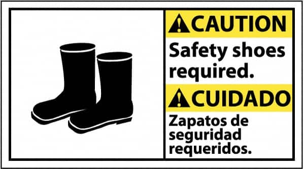 NMC - "Caution - Safety Shoes Required", 10" Long x 18" Wide, Pressure-Sensitive Vinyl Safety Sign - Rectangle, 0.004" Thick, Use for Accident Prevention - Makers Industrial Supply