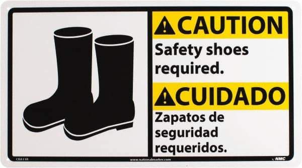 NMC - "Caution - Safety Shoes Required", 10" Long x 18" Wide, Rigid Plastic Safety Sign - Rectangle, 0.05" Thick, Use for Accident Prevention - Makers Industrial Supply