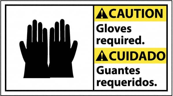 NMC - "Caution - Gloves Required", 10" Long x 18" Wide, Pressure-Sensitive Vinyl Safety Sign - Rectangle, 0.004" Thick, Use for Accident Prevention - Makers Industrial Supply