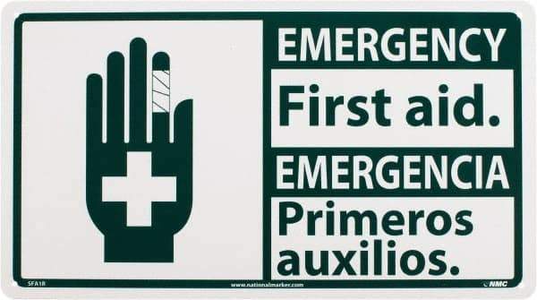 NMC - "Emergency - First Aid", 10" Long x 18" Wide, Rigid Plastic Safety Sign - Rectangle, 0.05" Thick, Use for First Aid - Makers Industrial Supply