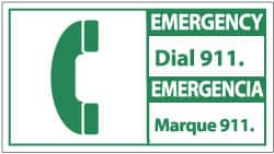 NMC - "Emergency - Dial 911", 10" Long x 18" Wide, Pressure-Sensitive Vinyl Safety Sign - Rectangle, 0.004" Thick, Use for First Aid - Makers Industrial Supply