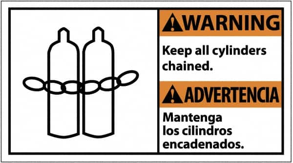 NMC - "Warning - Keep All Cylinders Chained", 10" Long x 18" Wide, Pressure-Sensitive Vinyl Safety Sign - Rectangle, 0.004" Thick, Use for Accident Prevention - Makers Industrial Supply