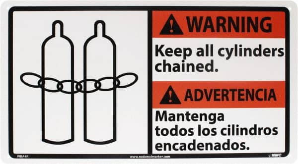 NMC - "Warning - Keep All Cylinders Chained", 10" Long x 18" Wide, Rigid Plastic Safety Sign - Rectangle, 0.05" Thick, Use for Accident Prevention - Makers Industrial Supply