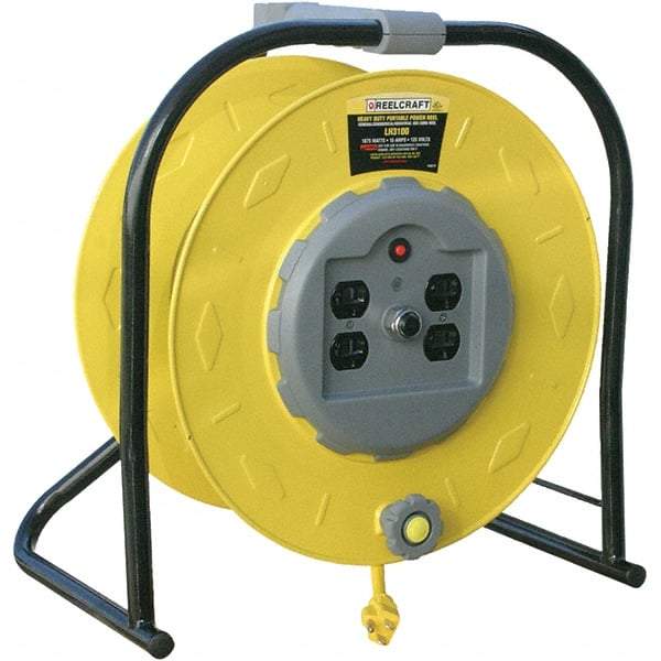 Reelcraft - 10 AWG, 100' Cable Length, Cord & Cable Reel with Quad Outlet End - 4 Outlets, 15 Amps, 125 Volts, STW Cable, Yellow Reel, Hand Crank Reel - Makers Industrial Supply