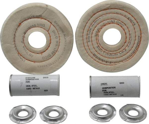 Dico - 4" Diam Cushion Sewn, Spiral Sewn Buffing Wheel Set - 1/2" Arbor Hole, Emery - Makers Industrial Supply