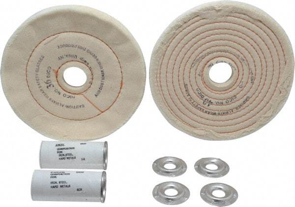 Dico - 6" Diam Cushion Sewn, Spiral Sewn Buffing Wheel Set - 1/2 - 1" Arbor Hole, Emery - Makers Industrial Supply