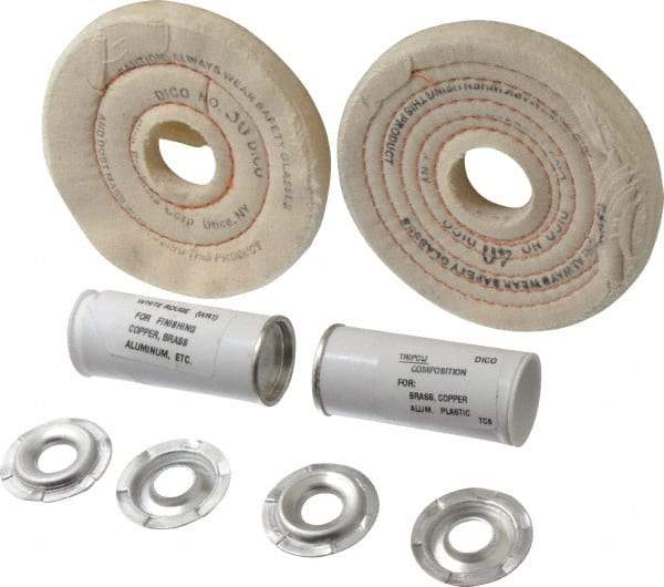 Dico - 4" Diam Cushion Sewn, Spiral Sewn Buffing Wheel Set - 1/2 - 1" Arbor Hole, Tripoli - Makers Industrial Supply