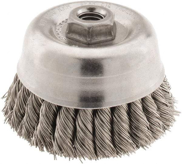 Anderson - 4" Diam, 5/8-11 Threaded Arbor, Stainless Steel Fill Cup Brush - 0.02 Wire Diam, 1-1/4" Trim Length, 9,000 Max RPM - Makers Industrial Supply