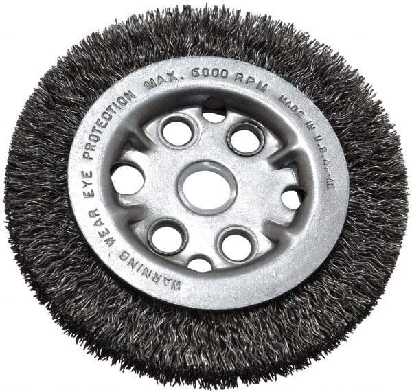 Anderson - 4-1/4" OD, 5/8" Arbor Hole, Crimped Steel Wheel Brush - 3/4" Face Width, 5/8" Trim Length, 0.014" Filament Diam, 6,000 RPM - Makers Industrial Supply