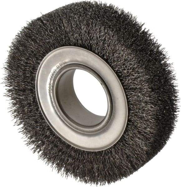 Anderson - 6" OD, 2" Arbor Hole, Crimped Steel Wheel Brush - 1-1/2" Face Width, 1-1/8" Trim Length, 0.014" Filament Diam, 6,000 RPM - Makers Industrial Supply