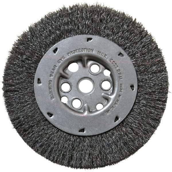 Anderson - 6" OD, 5/8" Arbor Hole, Crimped Steel Wheel Brush - 3/4" Face Width, 1-1/8" Trim Length, 0.008" Filament Diam, 6,000 RPM - Makers Industrial Supply