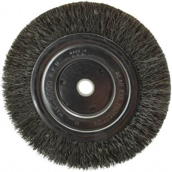 Anderson - 6" OD, 5/8" Arbor Hole, Crimped Steel Wheel Brush - 1/2" Face Width, 1-1/16" Trim Length, 0.008" Filament Diam, 6,000 RPM - Makers Industrial Supply