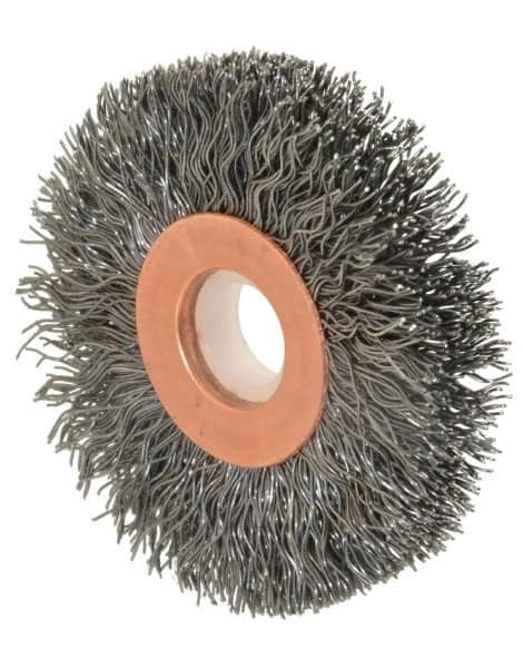 Anderson - 2" OD, 1/2" Arbor Hole, Crimped Steel Wheel Brush - 1/4" Face Width, 1/2" Trim Length, 0.0118" Filament Diam, 20,000 RPM - Makers Industrial Supply